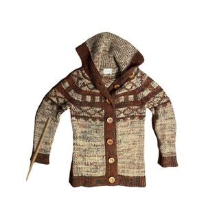 Brown Knit women Medium Button Up Cowl Neck Cardigan Sweater Aztec Wood Buttons